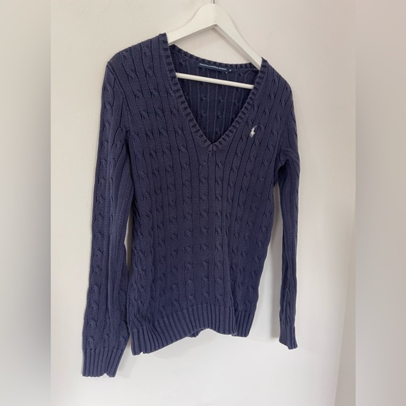 Ralph Lauren Sport V-Neck Cable Knit Jumper Medium VGC Navy Blue - Picture 2 of 6